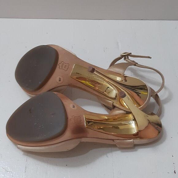 Like New BCBGMaxAzria Jewelled Creamy Satin Gold Heels - Picture 8 of 16